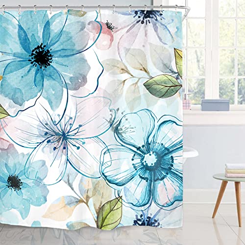 Riyidecor Teal Floral Shower Curtain For Bathroom Decor 60Wx72H Farmhouse Flower Spring Watercolor Aesthetic Vintage Green Nature Blooming Art Printed Fabric Polyester Waterproof 12 Pack Plastic Hooks #TOP18