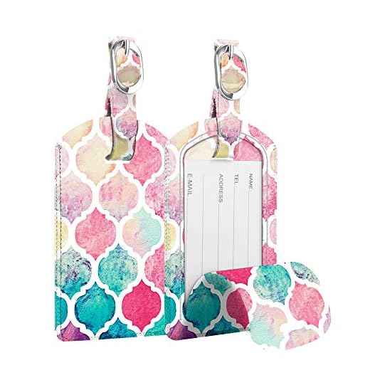 2 Pack Luggage Tags, Fintie PU Leather Name ID Labels with Privacy Cover for Travel Bag Suitcase (Moroccan Love)