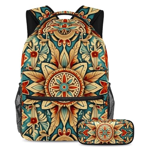 Cartables de grande capacité avec trousse à crayons au motif amérindien rétro (lot de 2)