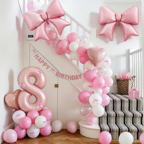 Image of 8th Birthday Decorations for Girl,Pink 8 Balloons for Party Decorations | 8 Year Old Birthday Decoration,Anniversary Party Decor,Pink White Balloons,Bow Print Balloons,Heart Balloons