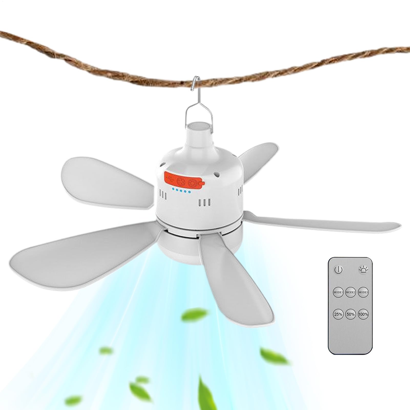 Canopy Fan 5W Mini Small Ceiling Fan ABS Outdoor Patio Fan Silent 5 Leaves Type-C Interface with Light and Remote Control, Adjustable Speed, Cooling Tool for RV Camping Outdoor Pergola