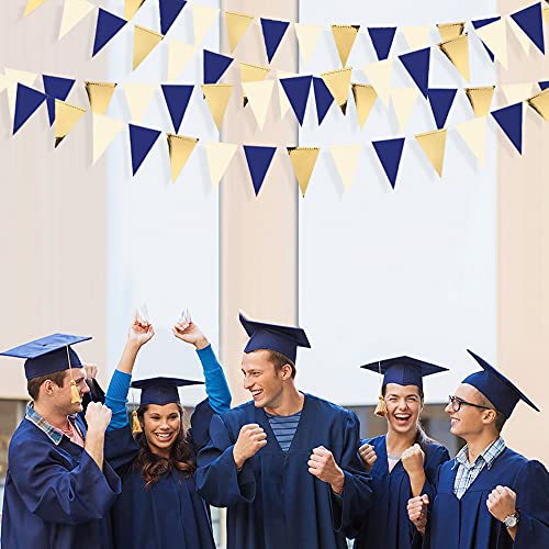 Image of 30Ft Navy Blue Gold and Beige Party Decorations Royal Blue Gold Triangle Flag Pennant Banner Bunting for Graduation Birthday Wedding Bridal Shower Nautical Ahoy Achor Theme Party Decorations Supplies