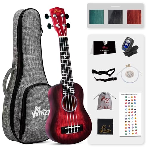 WINZZ HAND RUBBED Series - 21 Inches Soprano Ukulele Vintage Hawaiian with Online Lessons, Bag, Tuner, Strap, Extra Strings, Fingerboard Sticker, Red
