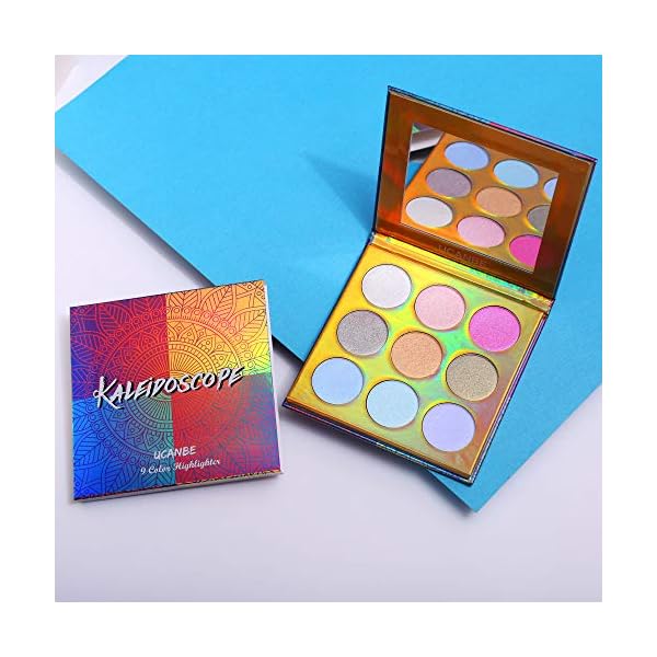 UCANBE Kaleidoscope Holographic Highlighter Makeup Palette Kit, 9 Color Polarized Shimmer Illuminating Glow Highlighting Bronzers Powder Set, Laser Outer Packaging with Mirror Cosmetics