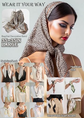 35" Large Satin Leopard-Print Head Scarf Women Square Bandana Silk-Like Neck Scarf for Hair Wrap Fashion Accessories3