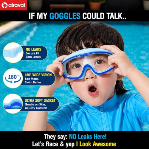Image of AIRAVAT Macho swimming goggles for Kids Children Teens, polycarbonate goggles, Anti-Fog, Anti-UV, Wide View Swimming Goggles, Free size (Blue)