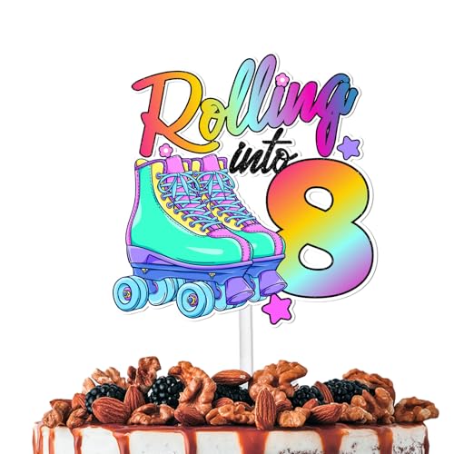 Glitter Cake Topper Pick for 80s 90s Retro Roller Skates Hip Hop Roller Skating Rolling into 8 Party Decor Supplies Children Boys Girls 8th Happy Birthday Theme Decorations