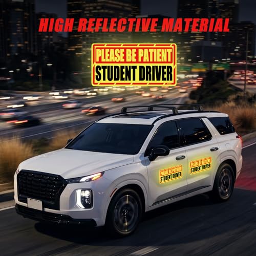 Image of Student Driver Car Magnet, 4 Pack Super Large Please Be Patient Student Driver Signs for Car, Reflective New Driver Vehicle Bumper Magnetic Sticker, Novice Driver Safety Warning Sign, 12x6in