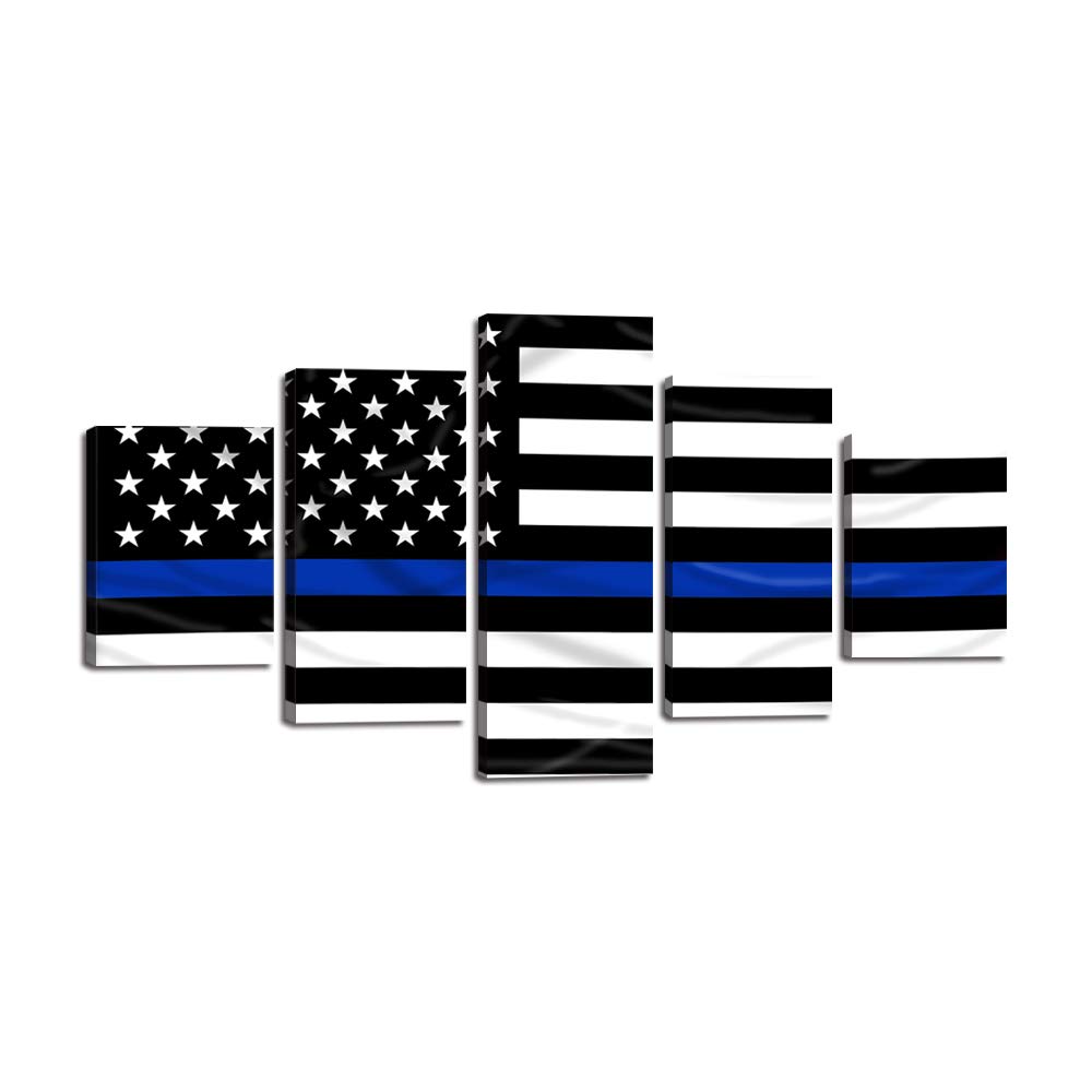 Retro Thin Blue Line American Flag Wall Art Decor 5 Panels Black and White USA US Flag Canvas Painting Print Pictures Poster Artwork Home Decor for Living Room Framed Ready to Hang (60"Wx32"H)