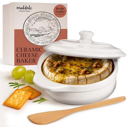 Muldale Camembert Baking Dish with Lid Gift Set - Cheese Baker in White - Lead Free Brie Baking Dish - Ceramic Camembert Baker - 14cm - With Spreader and Box