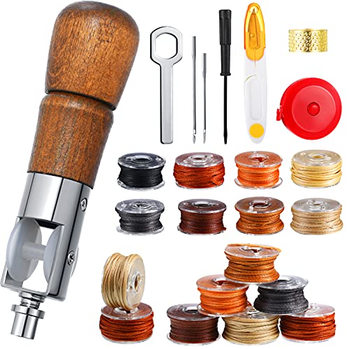 20 Pieces Sewing Awl Kit Portable Leather Stitching Repair Stitch Tool Including Speedy Sewing Awl, Thimble, Screwdriver, Wrench, Needles, Tape Measure, Yarn Scissors For Leather Fabric Supplies #TOP29