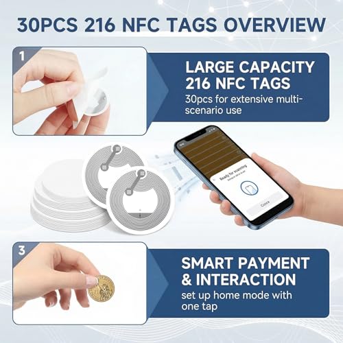 30 Stück NFC Tag Sticker,NTAG216 Chips NFC Tag,888 Byte Speicher Sticker Programmierbar, 25mm Aufkleber Tags Für Alle NFC fähigen Geräte i-Phone iOS Kurzbefehle App/Android Apps & Homekit