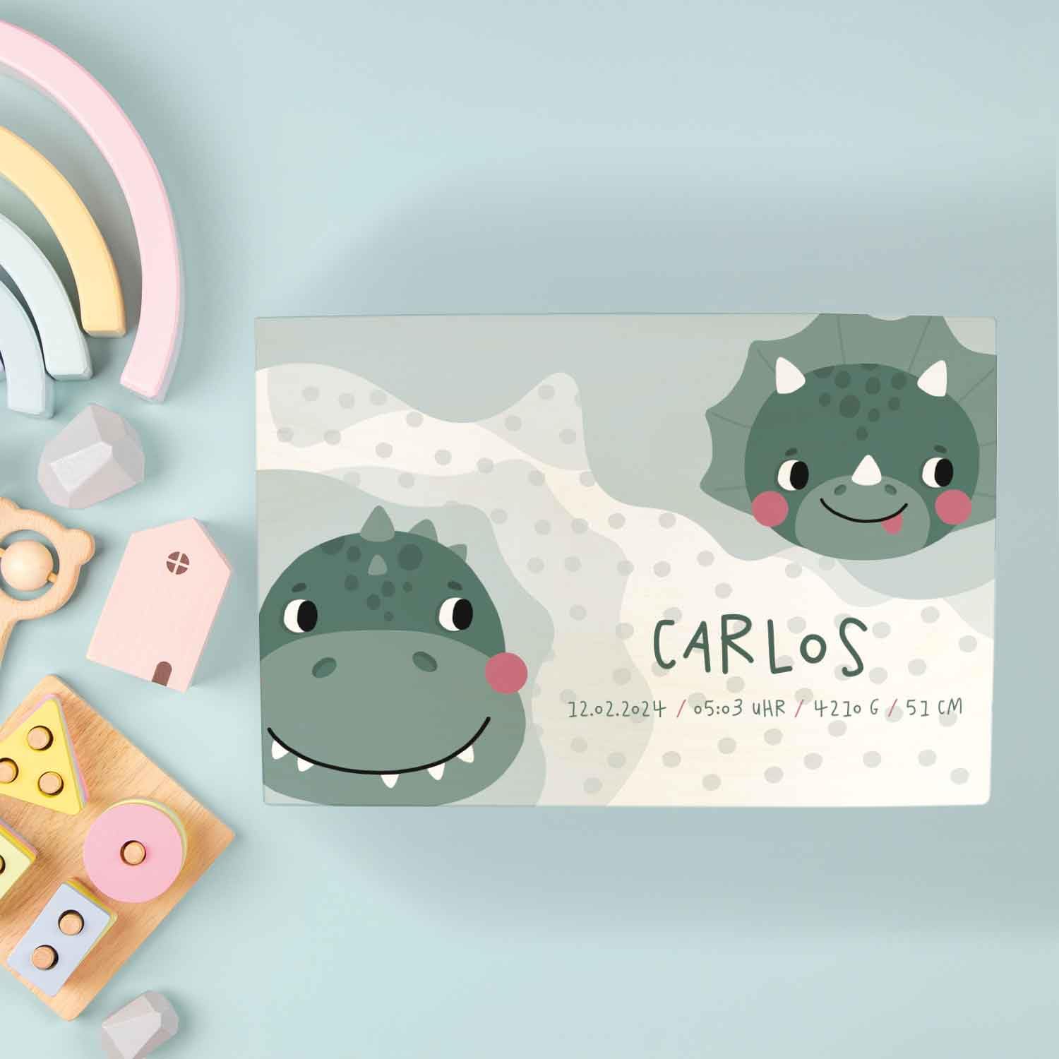 GRAVURZEILE Personalisierte Erinnerungskiste für Babys - Dino Motiv - Personalisiert mit Name & Datum - Holzkiste für Mädchen & Jungen - Geschenk fürs Baby zur Geburt - Erinnerungsbox für Neugeborene