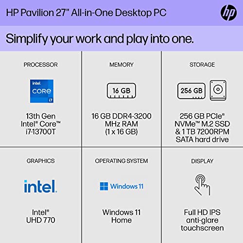Image of HP Pavilion 27 inch All-in-One Desktop PC, FHD Display, 13th Generation Intel Core i7-13700T, 16 GB RAM, 256 GB SSD, 1 TB HD, Intel UHD 770 Graphics, Windows 11 Home, 27- ca2080 (2023)
