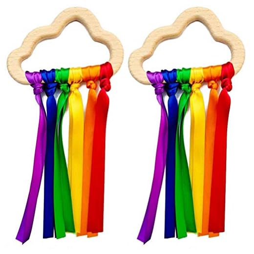 WBTY 2 anillos de cinta de madera de arco iris, mordedor de bebé recién nacido juguete sensorial nube cinta molar círculo de madera juguete para bebés desarrollo temprano