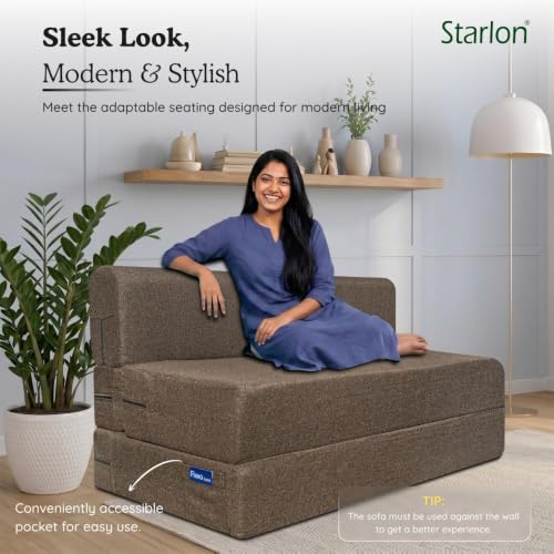 Image of Starlon 2 Seater Sofa Cum Bed Foldable 3-in-1 Sofa Bed with 1 Year Warranty, Washable Jute Fabric Cover & 2 Floral Pillows | Guest Bed | Coffee Brown 5x6 Ft