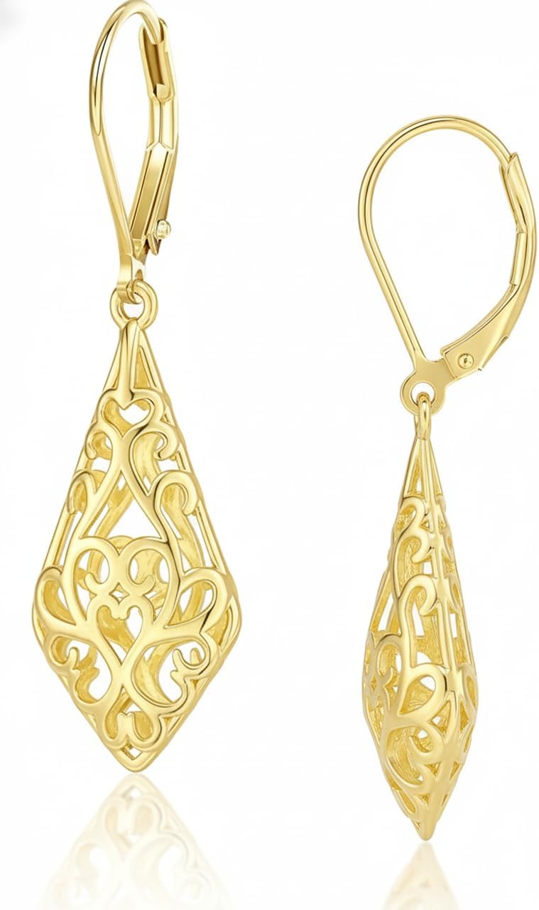 14K Gold/Silver Plated Vintage Filigree Dangle Earrings - Lightweight Geometric Drop Earrings with Secure Leverback, Hypoallergenic Boho Jewelry for Party Wedding Everyday Wear Gifts for Women