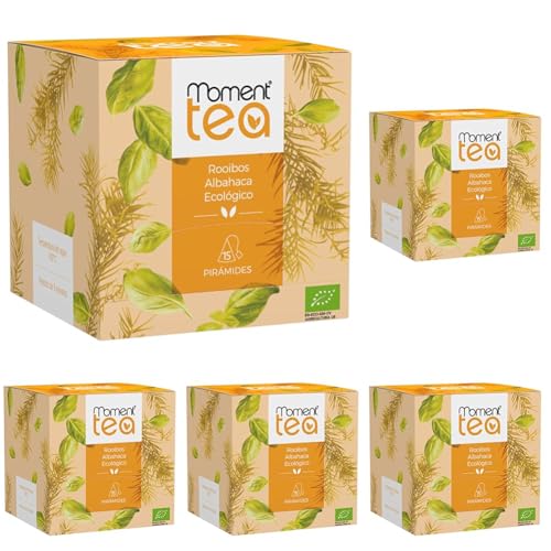 Moment Tea- Infusión Rooibos Albahaca Ecológico estuche de 15 pirámides de 2g (Paquete de 5)