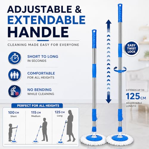 Image of Ultra Premium 360 Spin Mop Stick Rod with Stainless Steel Handle | Adjustable & Extendable Heavy Duty Mop Handle | Floor Cleaning Refill Rod Compatible with Spin Mop (Blue) (2 Heads)