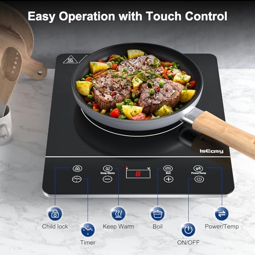 IsEasy Induktionskochfeld 1 Platte, Einzel Induktionskochplatte 2100W, 9 Leistungsstufen, 9 Temperatureinstellungen, 28cm Induktionskochfeld mit 8-Stunden-Timer, Kindersicherung, Schwarz, 220-240V