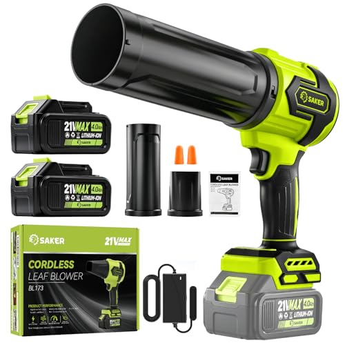Saker Cordless Leaf Blower Portable Dust Cleaner with 2 Extended Nozzle for Lawn Care Drying Patio Cleaning 2 Batteries