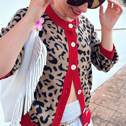 Womens Leopard Print Cardigan Crew Neck Long Sleeve Button Down Sweater Casual Streetwear4