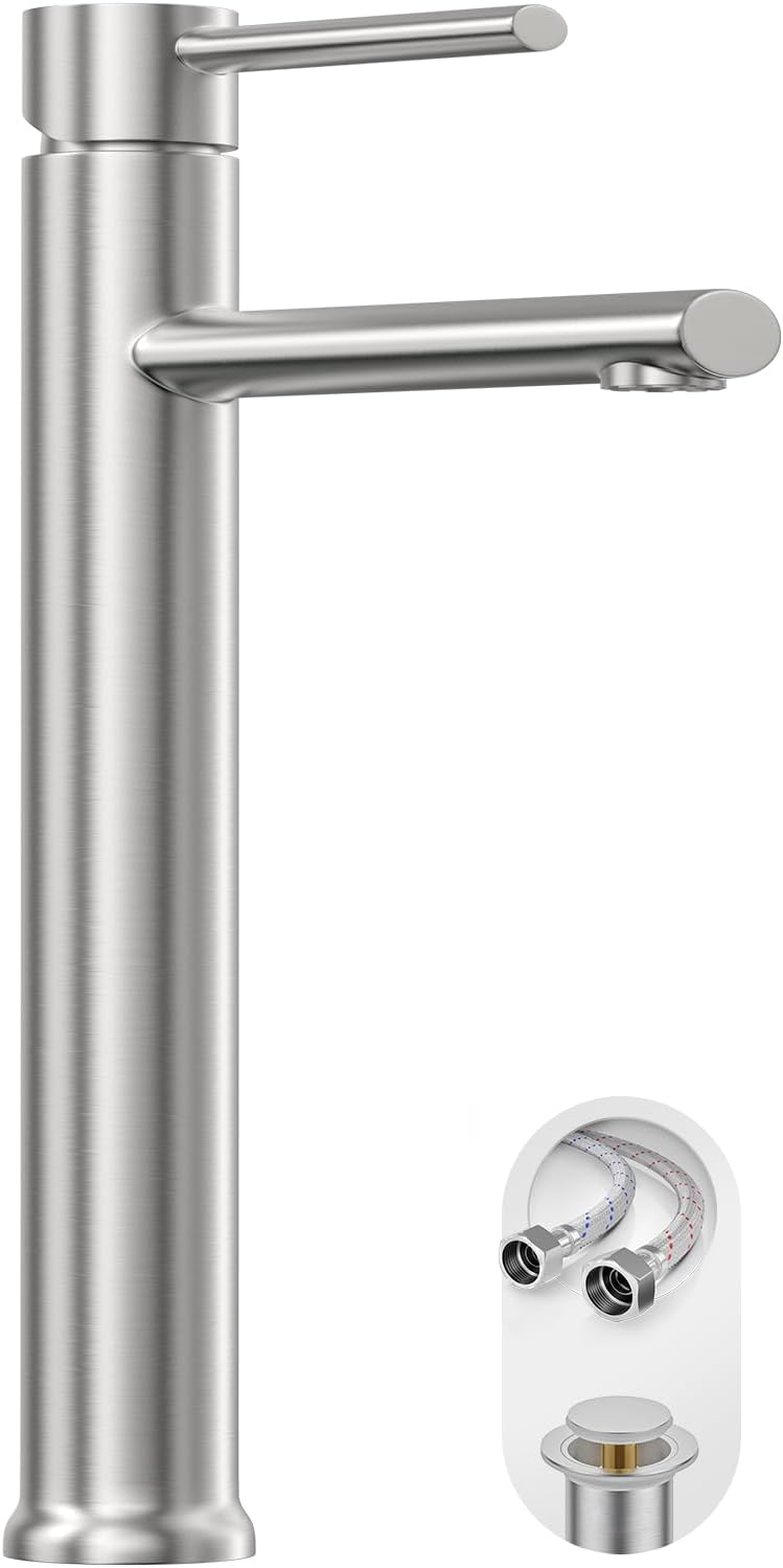 Phiestina Brushed Nickel Vessel Sink Faucet, Tall Bathroom Faucets 1 Hole Single Handle Above Counter Sink Bathroom Faucet, with Pop Up Drain and Water Supply Line,NS-SF03-V-BN