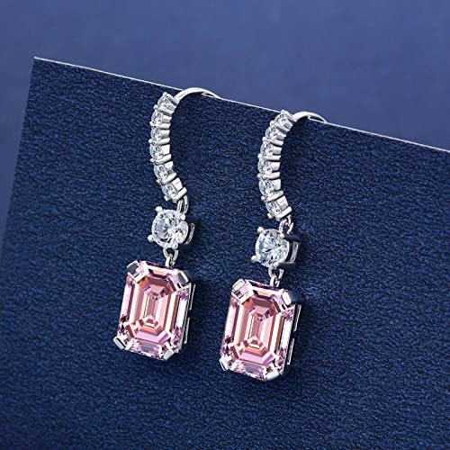 Sterling Silver Diamond Earrings For Women, Classic Emerald Cut 8Ct/Pair Lab Simulated Pink Diamond Dangle Earrings White Gold Plated Jewelry Gifts For Her Birthday Mothers Day Christmas #TOP1