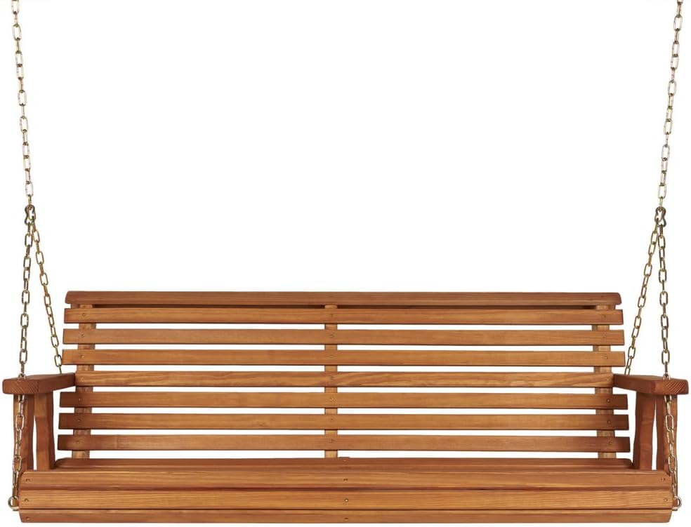 Amish Casual Heavy Duty 700 Lb Capacity Porch Swing (5 Foot, Cedar Stain) – Wooden Outdoor Roll Back Swing with Hanging Chains – Amish Made in the USA