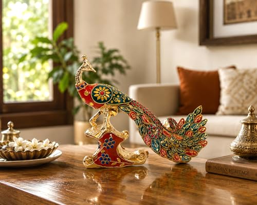 Image of Brass Vintage Peacock Figurine with Colorful Stonework 11.5-Inch - Traditional Indian Mayur Bird Statue, Majestic Tabletop Showpiece for Living Room