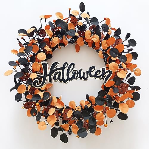 Halloween Wreaths for Front Door,22 inch Pumpkin Wreath Fall Decorations for Home with Wood Pumpkins Thanksgiving Decorations with Glitter Decorations Sign