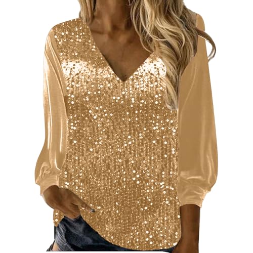Camiseta de manga larga para mujer elegante con lentejuelas, casual, con lentejuelas, blusas, camiseta sexy con cuello en V, túnica, tops, terciopelo dorado, festivo, suéter de algodón, monocolor