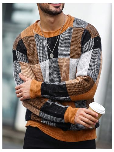 Floerns Men's Plaid Print Knitted Long Sleeve Pullovers Crewneck Sweater Top3