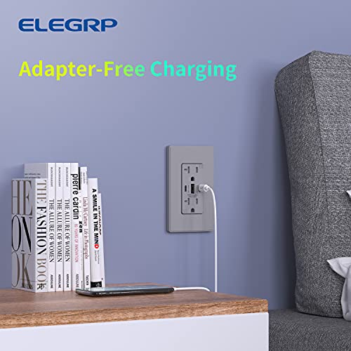 Image of ELEGRP USB Outlets, 30W 6.0 Amp USB C Outlets Receptacles, 3-Port USB Wall Outlet, 20 Amp Tamper-Resistant Outlet with 2 USB C Ports, UL Listed, Screwless Wall Plate Included, 10 Pack, Matte Grey