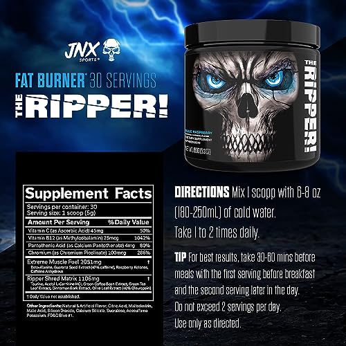 Jnx Sports® The Ripper! Shredding Thermogenic Fat Burner For Men & Women – Fast Acting Stim Thermogenesis, Appetite Suppressant, Extreme Energy & Focus Supplement – Blue Raspberry, 30 Servings #TOP5