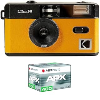 KODAK Pack F9 argento + pellicola 400 ASA – Fotocamera ricaricabile 35 mm giallo, obiettivo grandangolare fisso, mirino ottico, flash integrato + pellicola APX 00, 36 posizioni