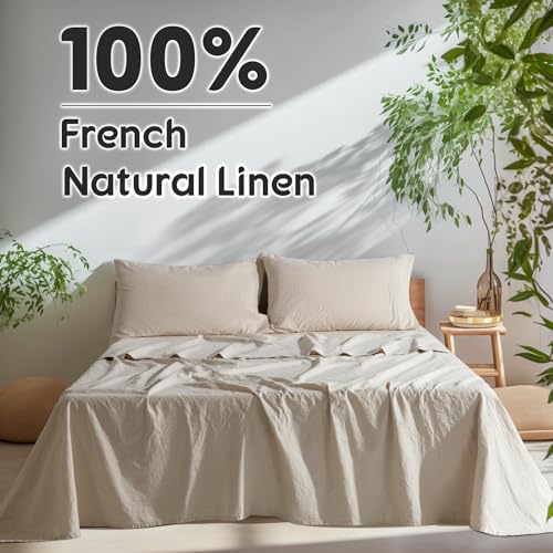 SONORO KATE 100% French Pure Linen Sheets, Breathable and Durable Line Queen Size Sheets, Anti-Tear Line Bed Sheets, Machine Washable, 16 Inch Deep Pocket - 4 Piece (Natural Linen, Queen) - Thumbnail 2