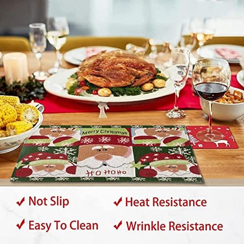4PCS Christmas Place Mats and Coasters Table Mats Merry Xmas Heat-Resistant Placemats for Dining Room Kitchen Xmas Table Decoration (Christmas placemat)