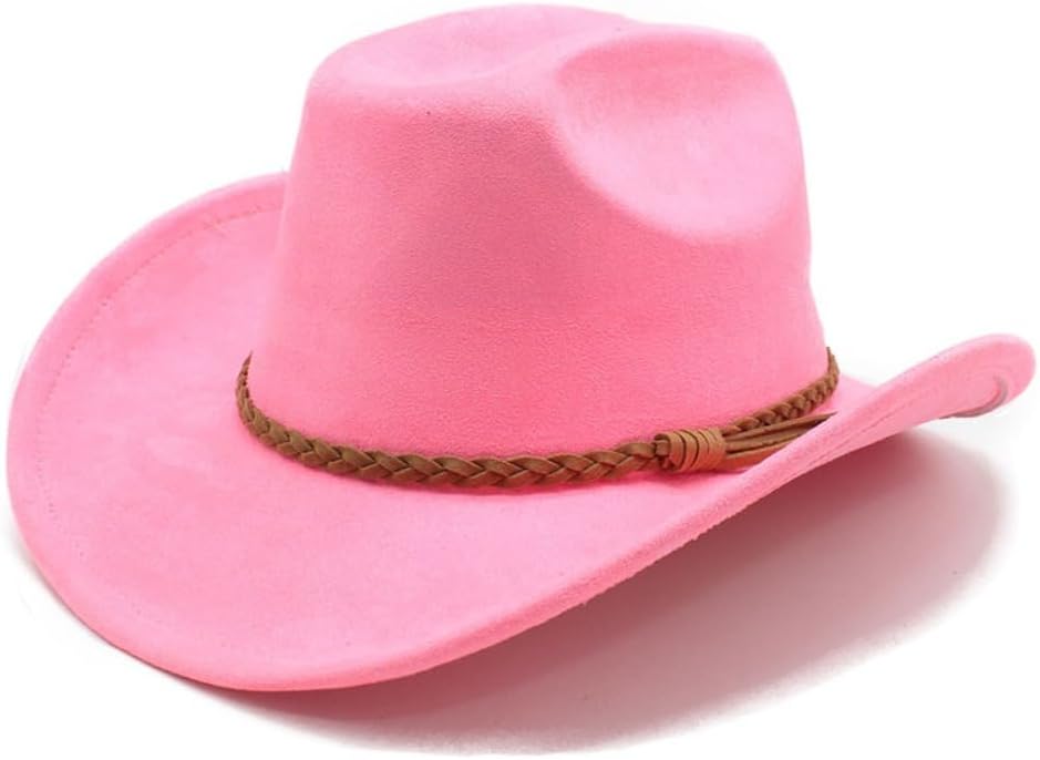 Western Cowboy Hat with Braided Leather Band, Black Faux Suede, Wide Brim, Classic Style