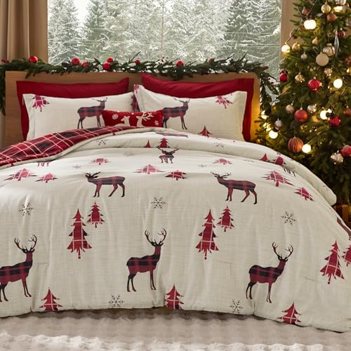 Image of Bedsure Christmas Comforter Set Queen - Christmas Bed Set with Reindeer, Soft Bedding for Holiday, 3 Pieces, 1 Reversible Buffalo Check Printed Comforter and 2 Pillow Shams