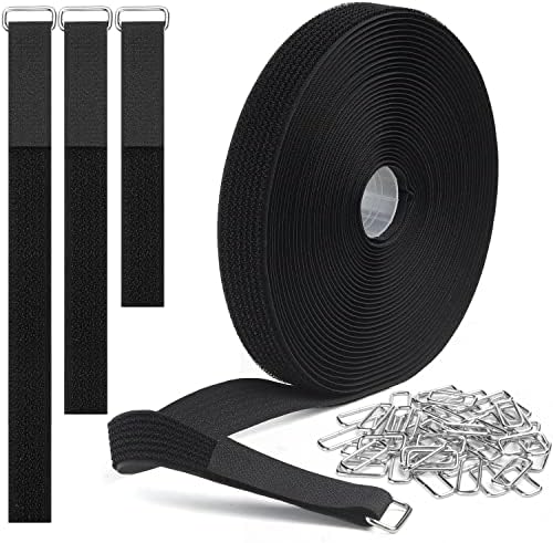 32.8ft Hook and Loop Cable Straps with 50 Metal Buckles, Reusable Fastening Cable Ties, Adjustable Nylon Cinch Strap Securing Cord Ties for Organizer Storage, Free Cut-to-Length, 1'' Wide, Black