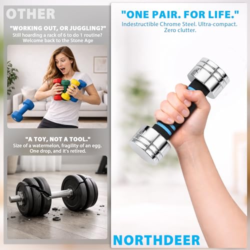 Image of Northdeer Steel Dumbbells Ultracompact & Adjustable Chrome Dumbbell with Foam Handles 5lb 10lb 15lb 20lb 30lb 50lb Home Gym Workout (Choice of Size)