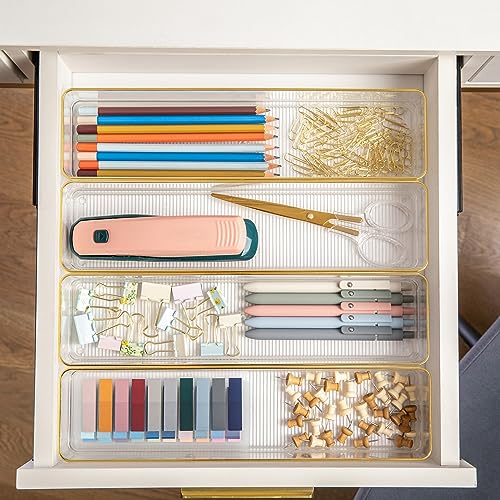 Image of Martha Stewart Kerry Plastic Stackable Office Desk Drawer Organizers, 9 inch x 3 inch, 8 Pack, with Gold Trim