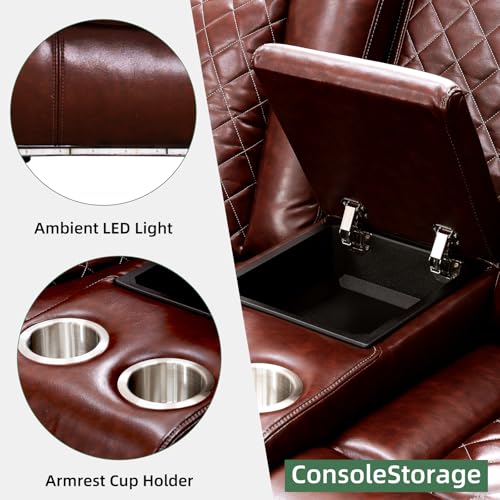 Image of Power Reclining Sectional Sofa Set with Recliner Chair, Brown Breathable Faux Leather L-Shaped Couch with LED Lights, USB Charging, Wireless Charging, Storage Console and Cup Holders