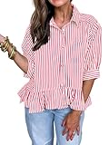 BKBEY Womens Peplum Top Striped Ruffle Shirts 3/4 Sleeve Button Down Cute Cropped Blouse Hot Pink