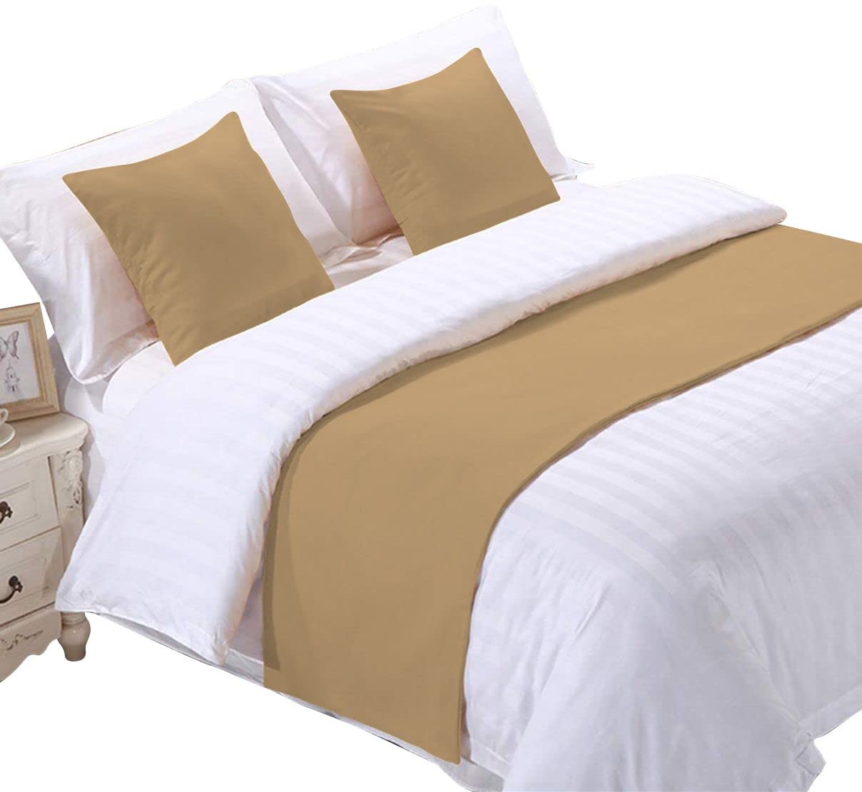 800 Thread Count Egyptian Cotton Bed Runner Decorative Bed Scarf 1 Piece Bed Runner & 2 Piece Matching Cushion Cover King Size [Taupe Solid]