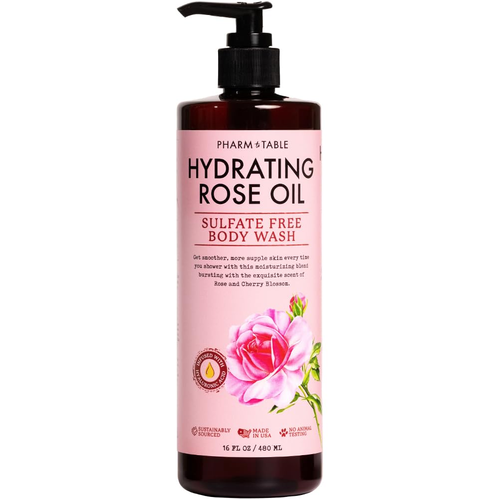 PHARM TO TABLE Gel doccia idratante con olio di rosa, per donne e uomini: idrata e illumina la pelle, senza solfati, 100% cruelty free, 480 ml