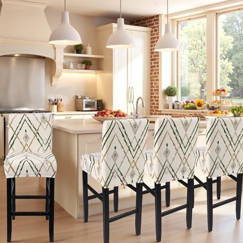 Image of SearchI Bar Stool Covers Set of 4, Stretch Washable Barstool Seat Covers, Counter Height Chair Covers for Kitchen Dining Room Cafe (Brown Green Stripe)