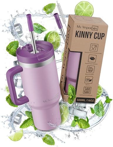 My Vesperbox Kinny Cup Edelstahl Thermobecher mit Henkel & Strohhalm (500/950 / 1200 ml) Isolierbecher To Go für Kaffee Eis & Alltag BPA-frei Auslaufsicher Spülmaschinenfest