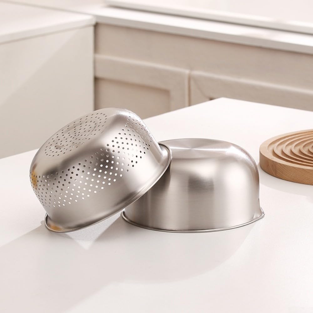 Juego de colador de acero inoxidable, 2 piezas de colador de frutas y verduras con cuenco medidor, cesta de drenaje de pasta para uso en cocina y campamento (M)